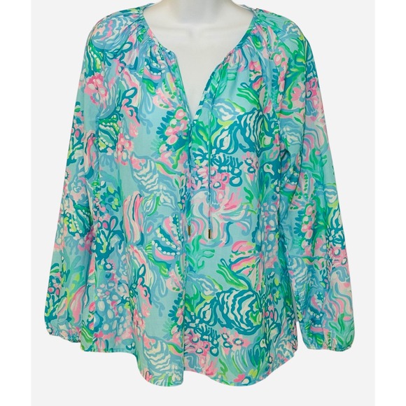 Lilly Pulitzer Blouse Womens Small Long Sleeve V-Neck Colorful Print Drawstrings - Picture 1 of 10